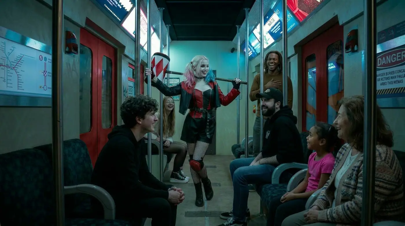 Une comédienne déguisée en Harley Quinn dans le métro de la mission Joker, entourée de joueurs