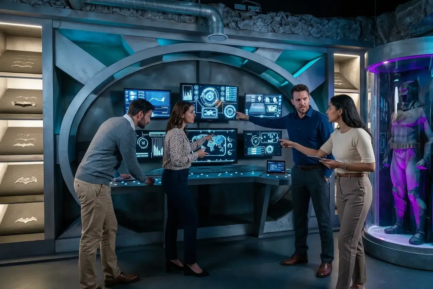 Un groupe en tenue de travail autour du grand ordinateur de la Batcave, chez Batman Escape