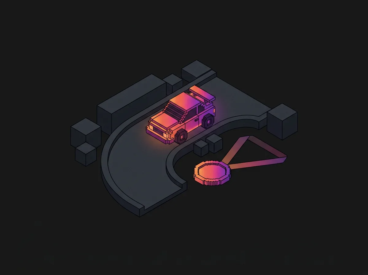 Illustration isométrique d’une voiture de course miniature sur une piste courbe à côté d’une médaille