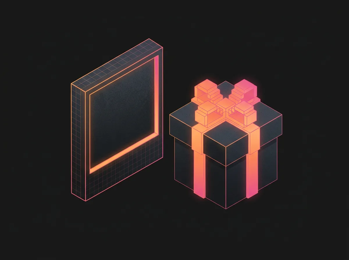Illustration isométrique d’un cadre photo à côté d’un cadeau au ruban orange lumineux