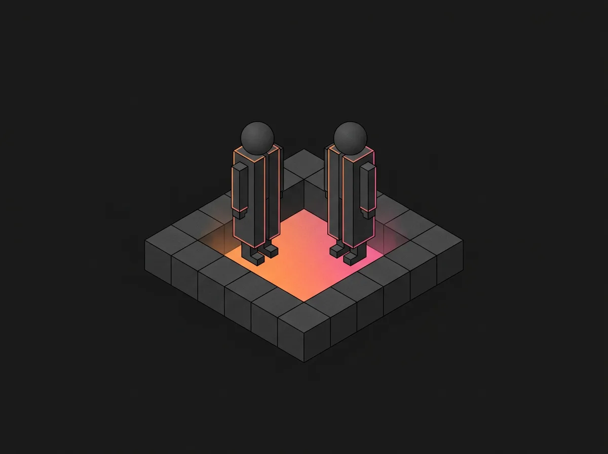 Illustration isométrique de deux comédiens sur une petite scène éclairée en orange et rose