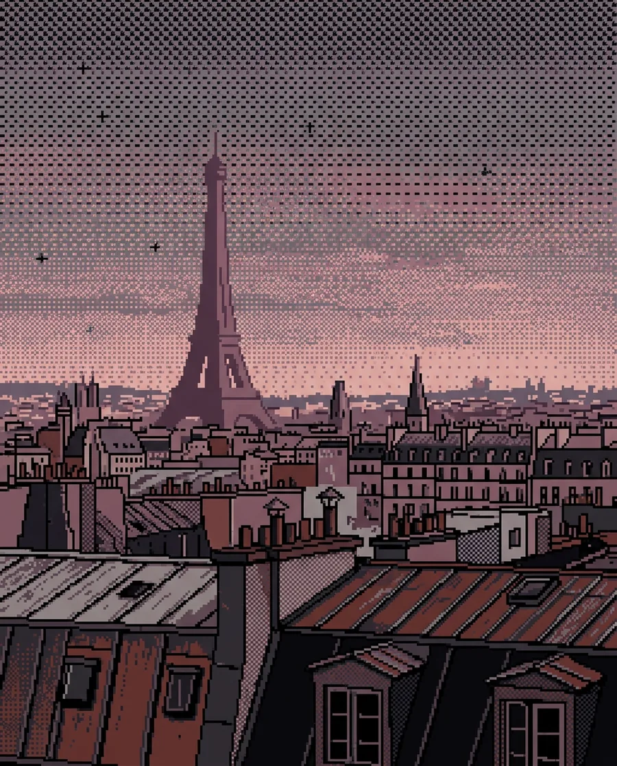 Toits de Paris au crépuscule, en pixel-art tramé mauve et rouille